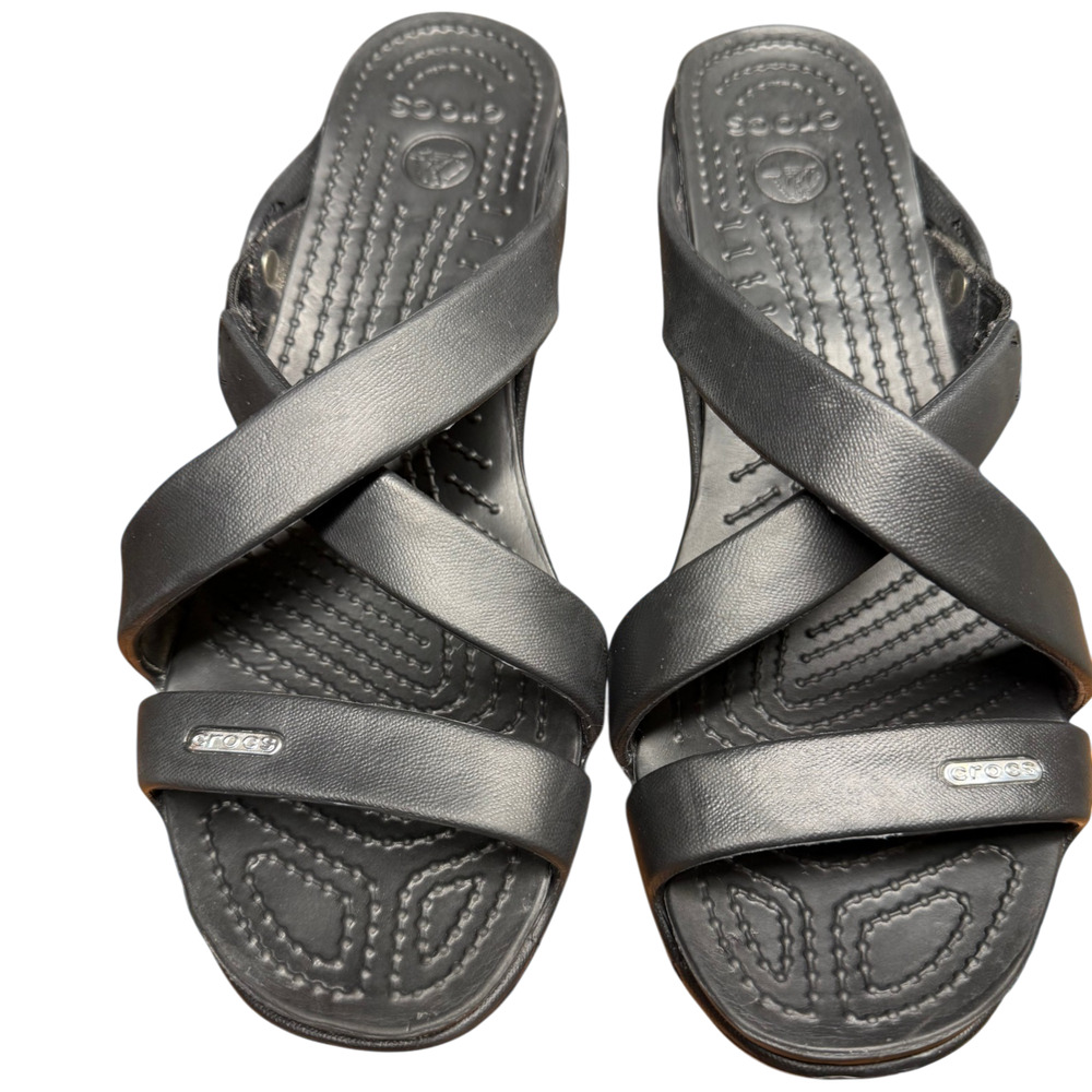 CROCS Cyprus Iv Women's 9 Black Strappy Slip On Strappy Chunky Heel Platform - Picture 8 of 13